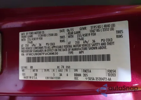 2015 Ford Escape Se from USA, damaged, VIN 1FMCU9G97FUC89630